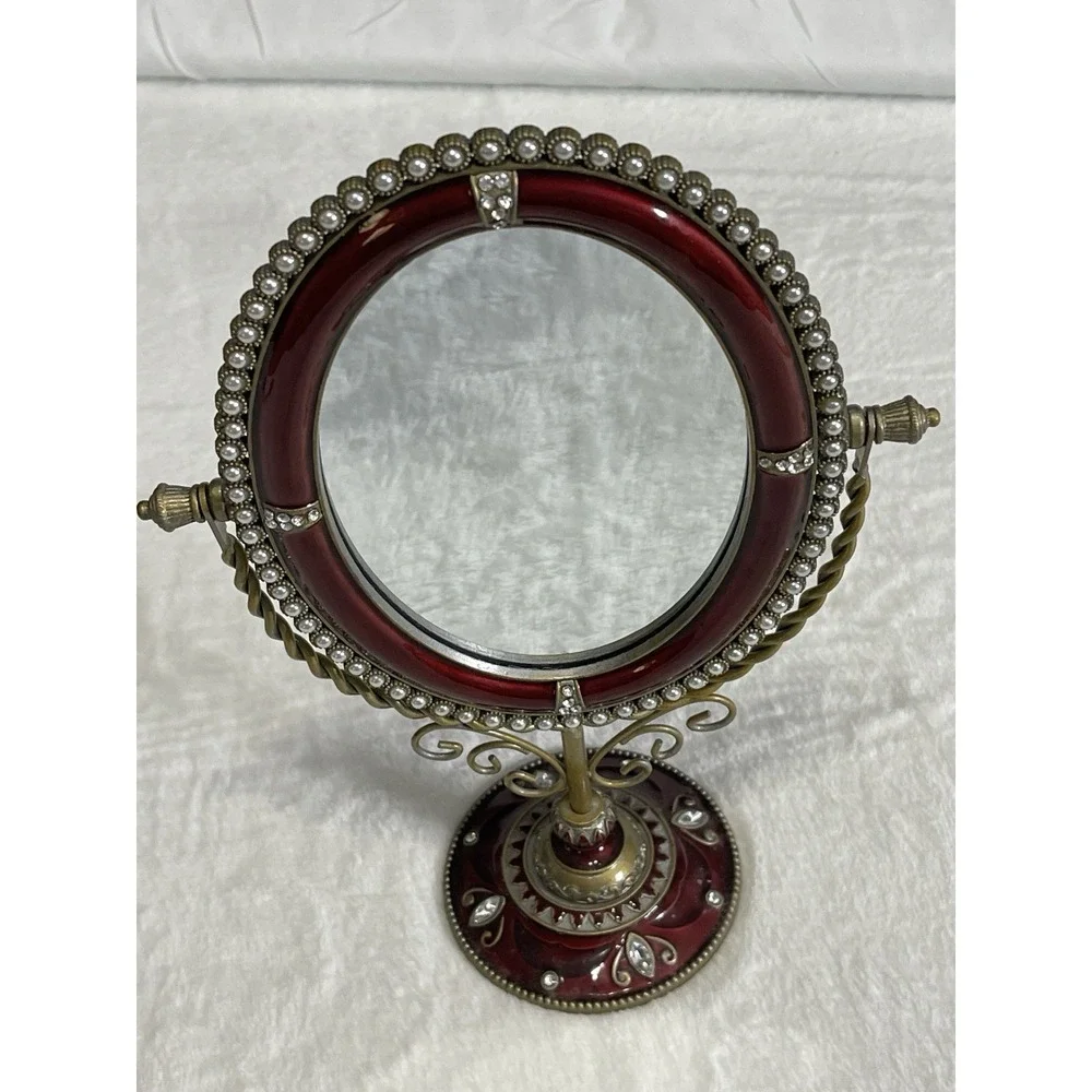 Tabletop Standing Vanity Mirror Enamel Rhinestone Pearl Granny Core Burgundy Red